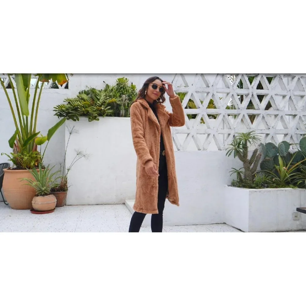 Women's Fuzzy Fleece Lapel Open Front Long Cardigan Coat Faux Fur
